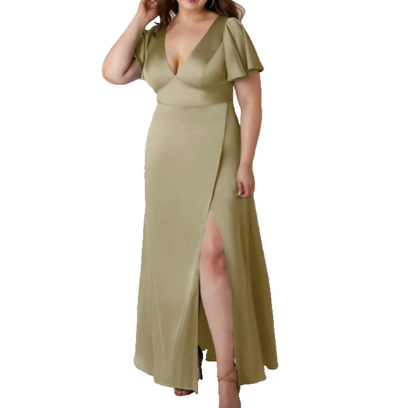 Azazie Bridesmaid Dress Green Size 18 Satin Flutter Sleeve Forest Fairy - Picture 13 of 15